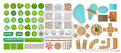 Vector illustration set of park elements for landscape design. Top view of trees, outdoor furniture, plants and Vector Illustration