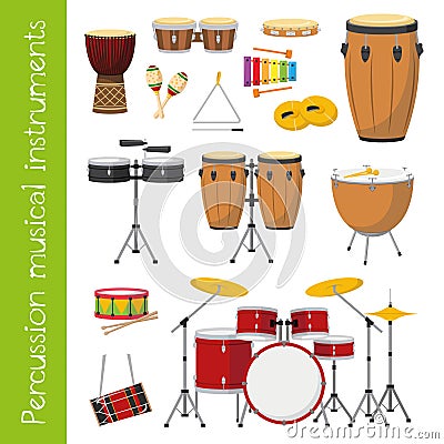 Vector illustration set of percussion musical instruments in cartoon style Vector Illustration