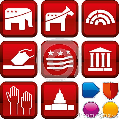 Set of politics icons on square buttons. Geometric style Cartoon Illustration