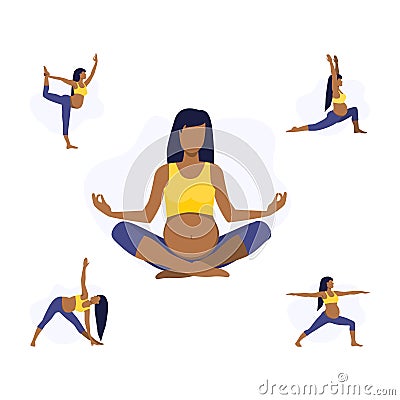 Vector illustration set of pregnant black or latin girl or woman doing yoga class. Healthy fitness pregnant, sport in pregnancy. Vector Illustration