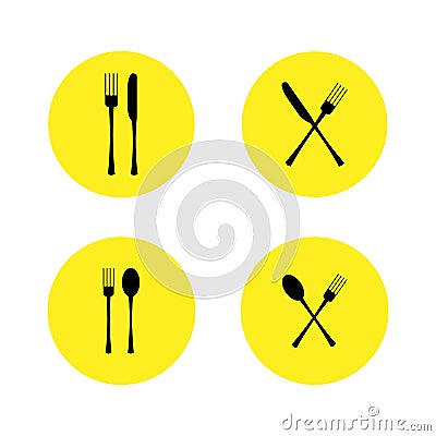 Vector illustration. Set of restaurant icon, sign. fork, spoon and knife cross icons on yellow round background Cartoon Illustration