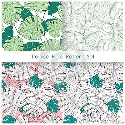 Vector illustration set of seamless patterns with tropical palm leaves, monstera. Floral exotic plants pattern. Swimwear Vector Illustration