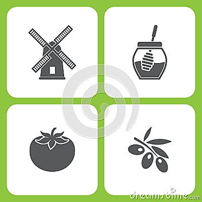 Vector Illustration Set Of Simple Farm and Garden Icons. Elements Mill, Honey, Tomato, Olives Vector Illustration