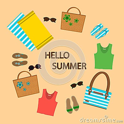 Set of summer things on a sand background, wicker bags, sandals, sunglasses, beach towels. Cartoon Illustration