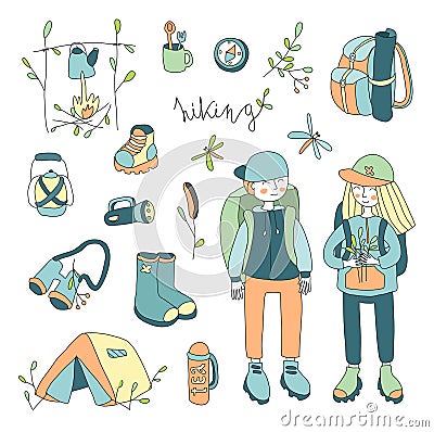 Vector illustration set on the theme of outdoor, hiking , camping, picnic. Vector Illustration