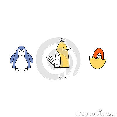 Vector illustration. Set of three small baby birds. Blue, yellow, orange birds Cartoon Illustration