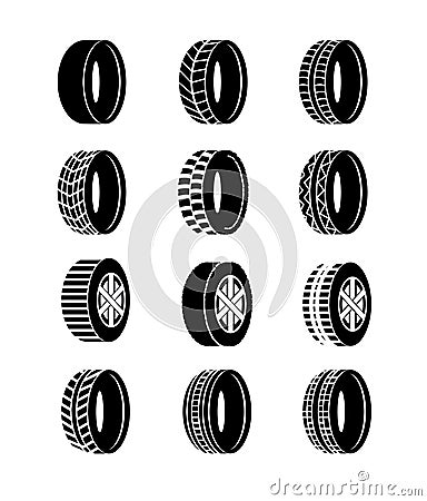 Vector illustration set of tire and wheels black color icons on white background. Different wheel tyre symbols and logos Vector Illustration