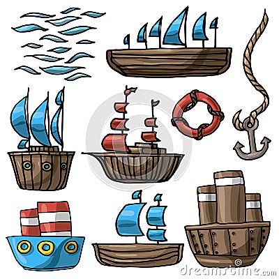 Vector illustration set of various cartoon ship lifebuoy anchor sea waves Vector Illustration