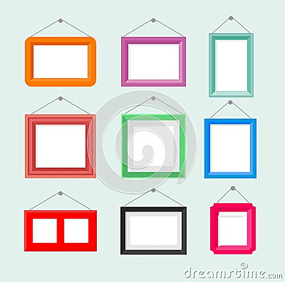 Vector illustration set of vintage photo picture frame. Painting drawing frame collection on blue background in cartoon Vector Illustration