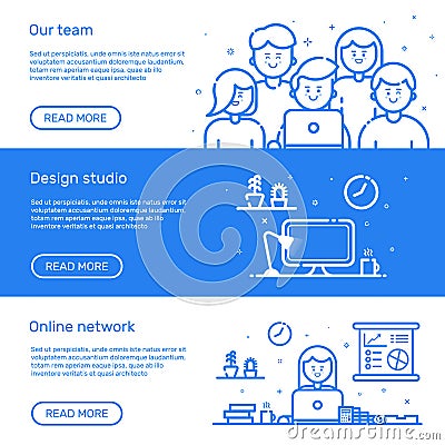 Vector illustration of set website banners with blue icon in flat line style. Linear cute and happy people teamwork. Vector Illustration