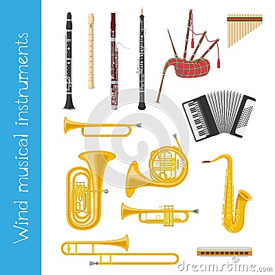 Vector illustration set of wind musical instruments in cartoon style Vector Illustration