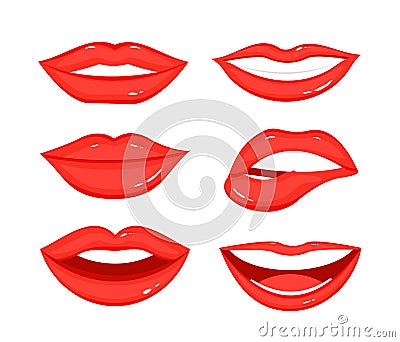 Vector illustration set of woman s lip gestures. Girl mouths in different positions, emotions, close up with red Vector Illustration