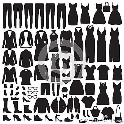 Women fashion clothes silhouette, dress, shirt, shoes, jeans, jacket collection Vector Illustration