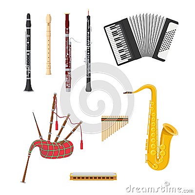 Set of woodwind musical instruments in cartoon style isolated on white background Vector Illustration