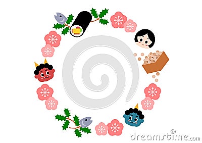 Vector illustration of Setsubun, a traditional Japanese event. Frame decorations such as Setsubun beans, sushi rolls, plum Vector Illustration