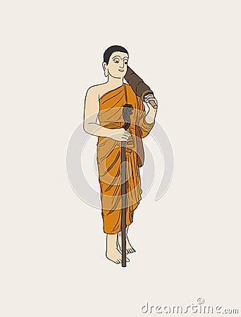 Vector illustration of shaved buddhist monk. Full-length person Vector Illustration