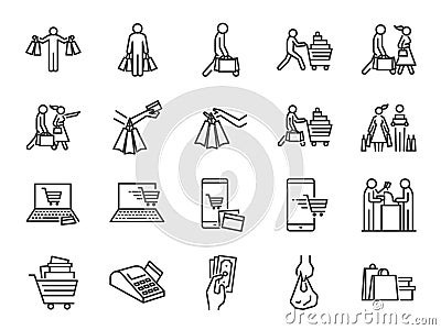 Shopping icon set. Included icons as buy, shopaholic, handful bags, cart, shop and more. Vector Illustration