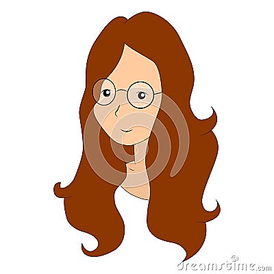 Vector illustration of a shoulder-length girl with a kind smiling face in round glasses and long loose brown hair on a white Cartoon Illustration