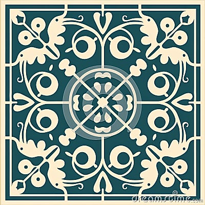 Ornate Style Tile With Dark Teal And Beige Design Cartoon Illustration