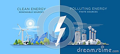 Comparing Clean and Polluting Energy Power Stations Vector Illustration