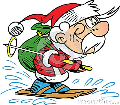 Santa Claus on skis, who hurries with a sack of New Year`s gifts Vector Illustration