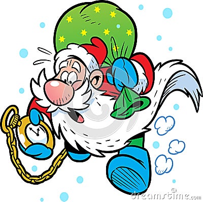 Santa Claus who rushes to the Christmas celebration and looks at his watch Vector Illustration