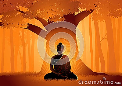 Siddhartha Gautama enlightened under Bodhi tree Vector Illustration