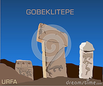 Vector illustration and silhouette drawing Gobeklitepe, Urfa, Turkey - vintage. UNESCO cultural heritage. Gobekli tepe in TURKEY. Vector Illustration