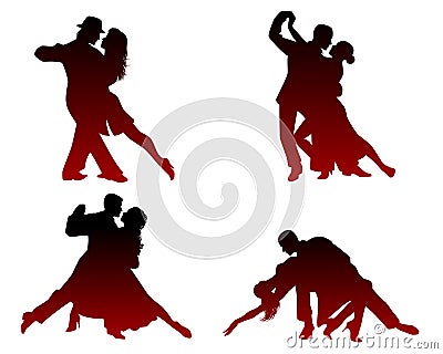 Silhouettes of four dancing couples Vector Illustration