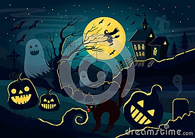 Vector illustration of silhouettes of ghosts, pumpkins, witch, scary cat and other different creatures and decorations Vector Illustration