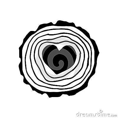 Vector illustration, simple doodle line drawing. sawed off a tree heart inside. slice, slice of wood. symbol made of wood, eco, na Cartoon Illustration