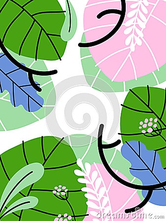 Vector illustration in simple flat style of abstract foliage background with tropical leaves and copy space for text Vector Illustration