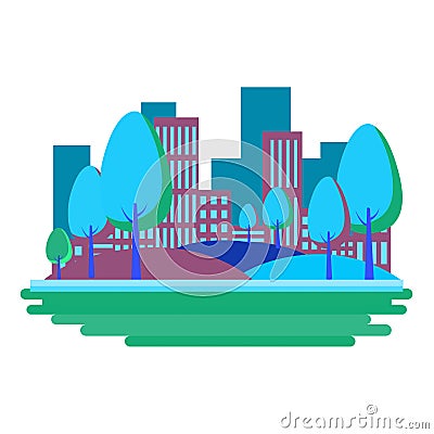 Vector illustration in simple minimal geometric flat style - city landscape with buildings, hills and trees - abstract background Vector Illustration