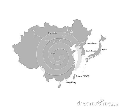 Vector illustration with simplified map of Asian countries. East region. States borders and names of China, South and North Korea Vector Illustration