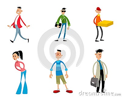 Six trendy funny cartoon characters Vector Illustration