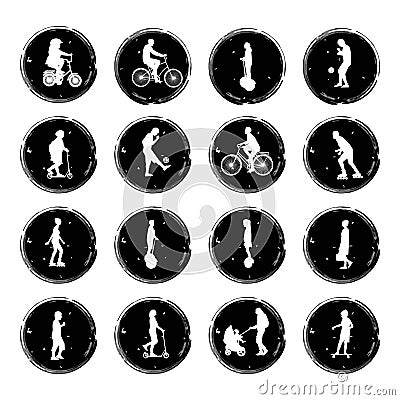 Vector illustration of sixteen black and white grunge icons illustrating summer outdoor activities of men, women, children Cartoon Illustration