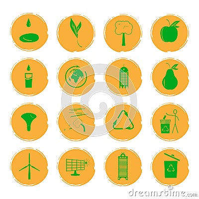 Vector illustration of sixteen yellow grunge icons with green images illustrating the concept of an eco-friendly city Cartoon Illustration
