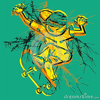 Vector illustration of skater on green background. Freestyle contest, t-shirt, print Vector Illustration