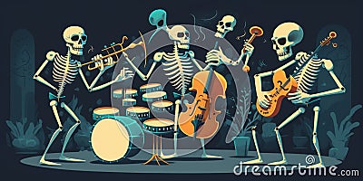 Vector illustration of skeleton playing musical instruments on dark background. Dia de los muertos party. Generative AI Cartoon Illustration