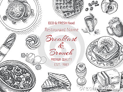 Vector illustration sketch - breakfast. Card Menu brunch. design template, banner. Cartoon Illustration