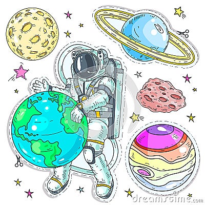Vector illustration comic style colorful icons, stickers astronaut hugging planet earth, planets and asteroids Vector Illustration