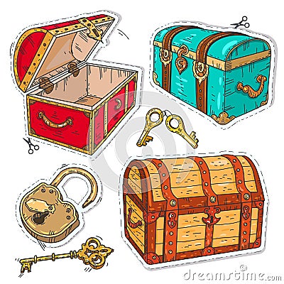 Colorful sticker, set old pirate chests with lock and keys Vector Illustration