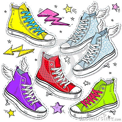 Set bright shoes sneakers, colored sneakers with laces and stars. Vector Illustration