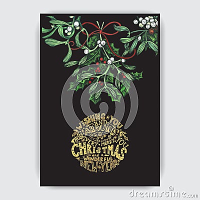 Invitation card for a Christmas party. Design template with xmas hand-drawn graphic illustrations. Greeting card with the New Year Cartoon Illustration