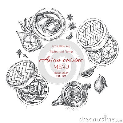 Vector illustration sketch - asian food. Card menu Dim Korean food.. vintage design template, banner. Cartoon Illustration