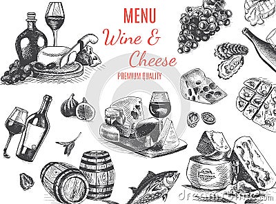 Vector illustration sketch -wine and cheese. Card Menu restaurant. vintage design template, banner Cartoon Illustration