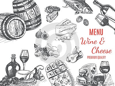 Vector illustration sketch -wine and cheese. Card Menu restaurant. vintage design template, banner Cartoon Illustration