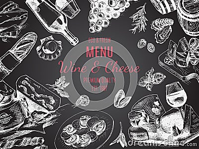Vector illustration sketch -wine and cheese. Card Menu restaurant. vintage design template, banner. Cartoon Illustration