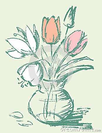 Vector illustration of sketches bouquet tulips in glass vase Vector Illustration