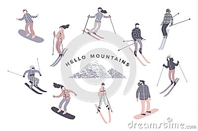 Vector illustration of skiers and snowboarders. Vector Illustration